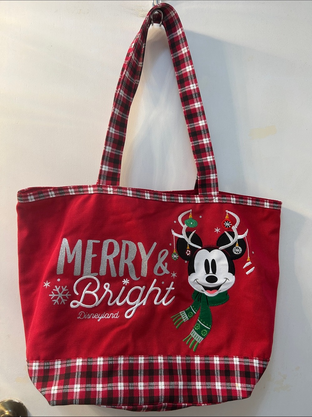 Disney Parks Red Plaid Mickey 'Merry & Bright'  Disneyland Holiday Tote